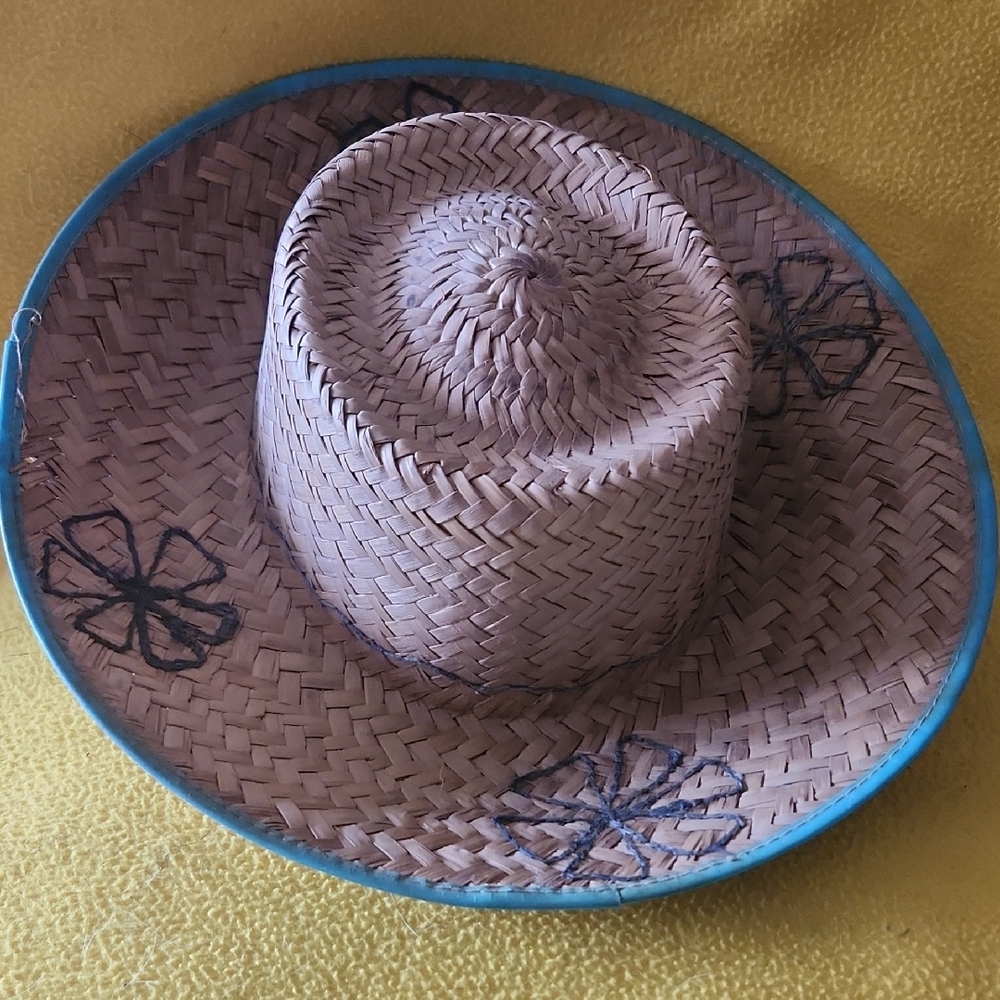 Sunhat Natural Straw Hat with embroidered Blue flowers & Trim